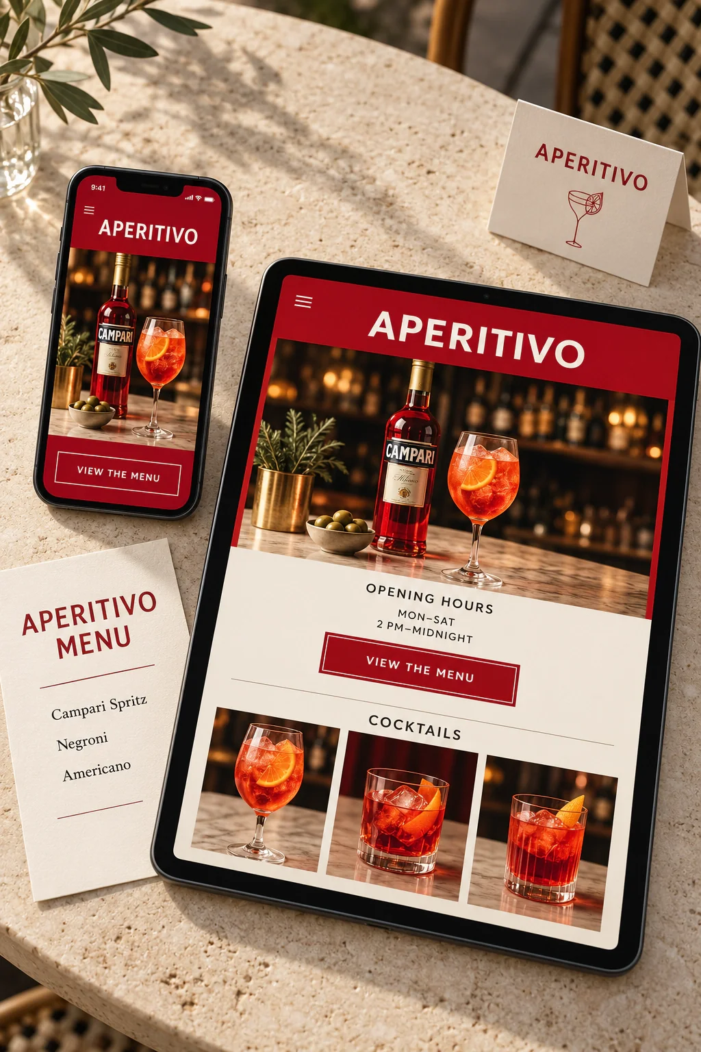 A bar's Aperitivo website built with the AI Web Creator, shown on a tablet and a smartphone