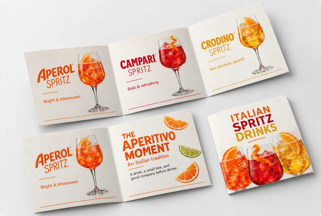 Printed aperitivo menu designs for Aperol Spritz, Campari Spritz and Crodino