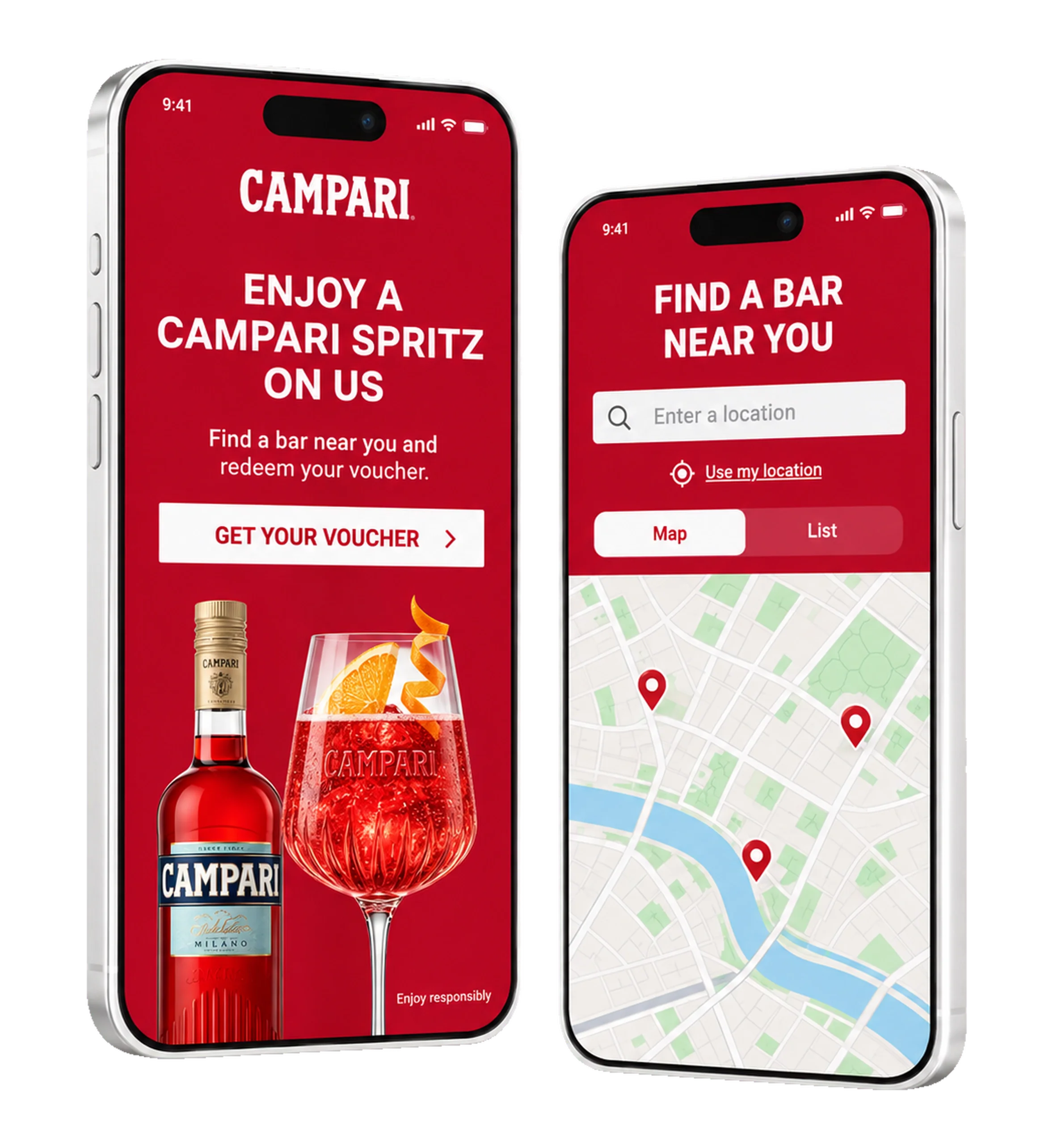 Campari Spritz campaign on two smartphones: enjoy a Campari Spritz on us, and find a bar near you
