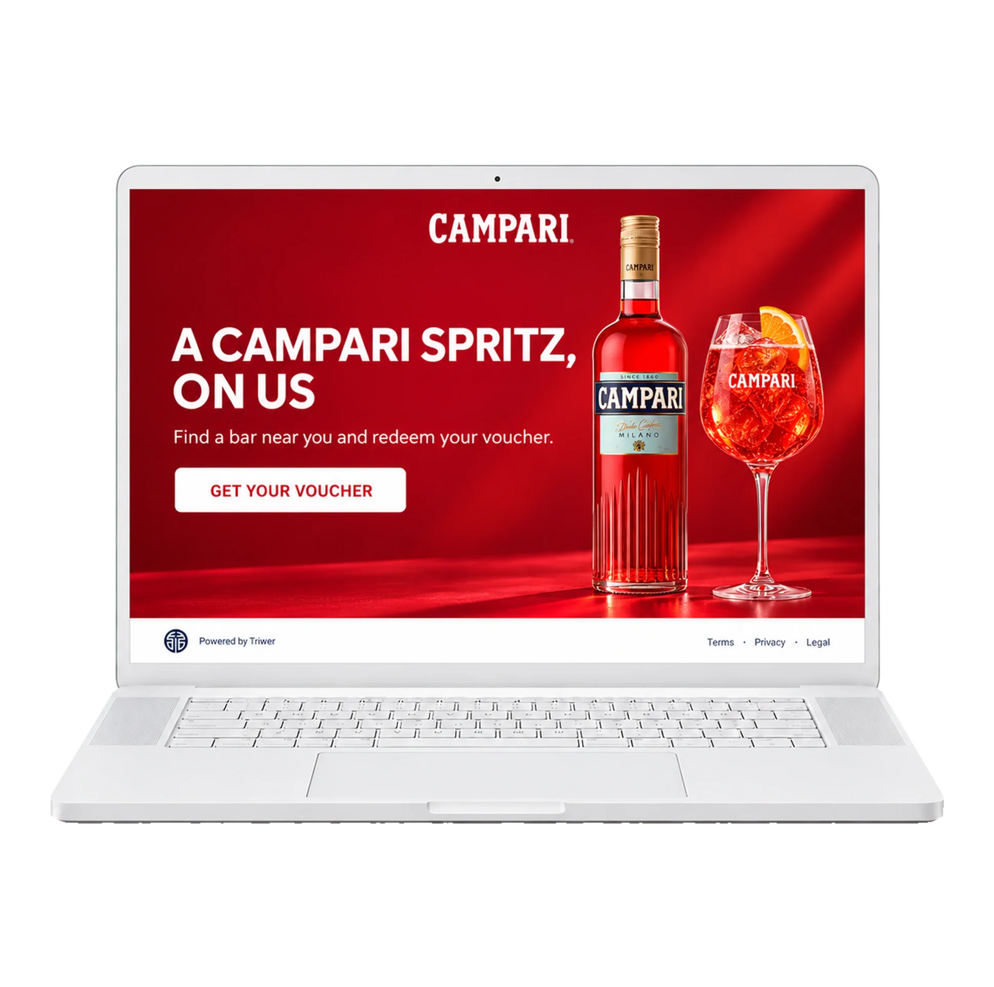 Campari Spritz voucher campaign landing page on a laptop: A Campari Spritz, on us