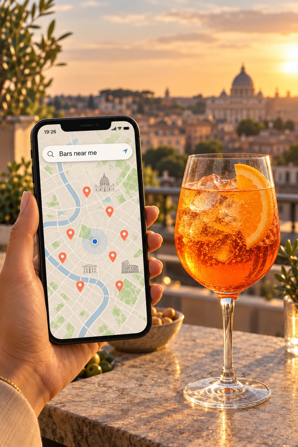 Bars near me: a map with partner venues on a smartphone, next to an Aperol Spritz