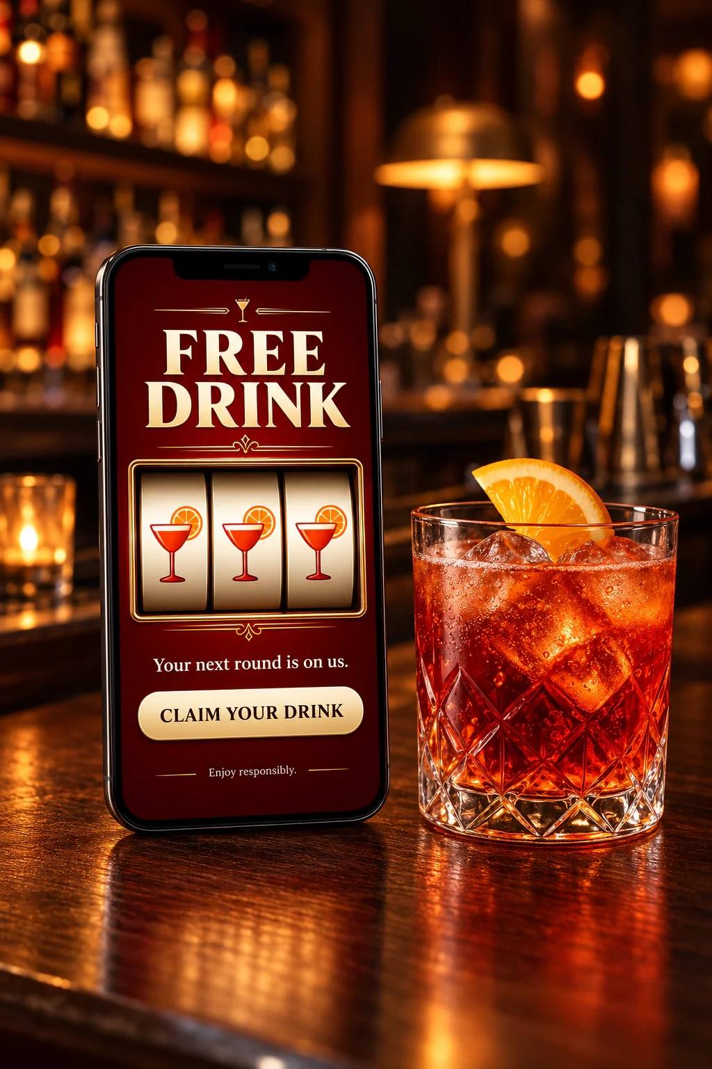 Free Drink: the slot machine promotion on a smartphone next to a cocktail at the bar