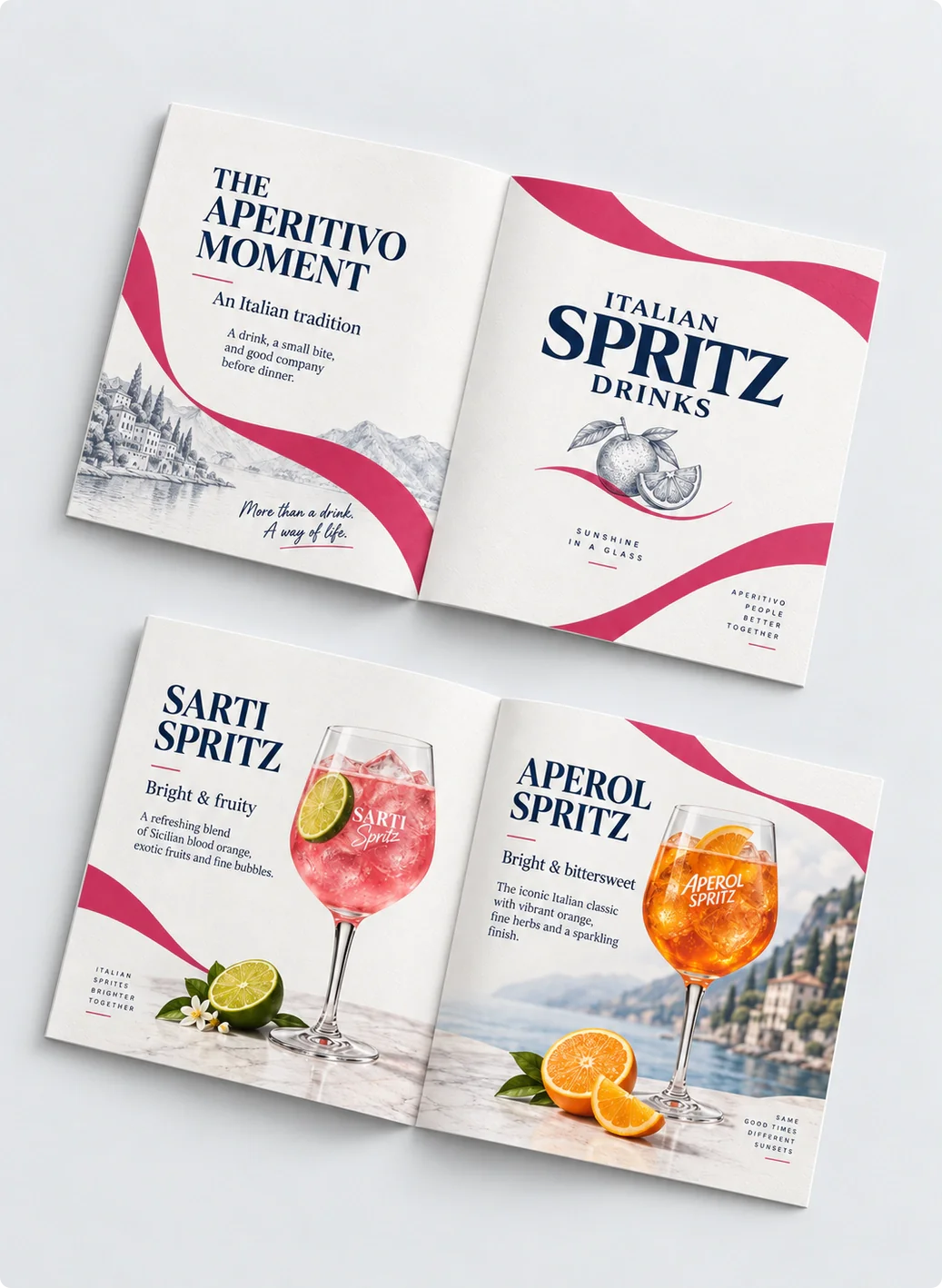 Brochure spreads for Sarti Spritz and Aperol Spritz