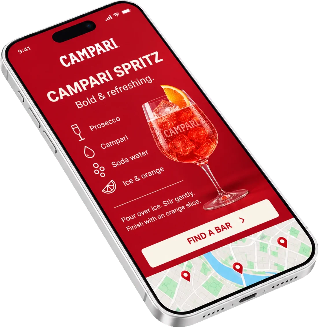 Campari Spritz recipe and bar finder on a smartphone