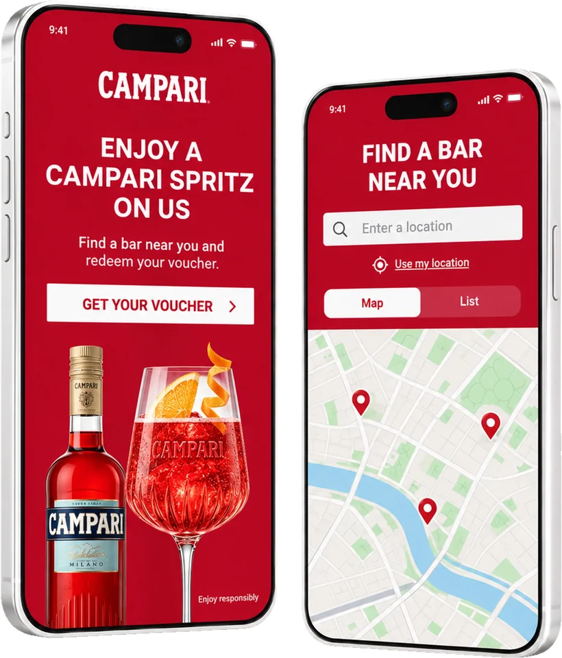 Campari Spritz campaign on two smartphones: the voucher page and the bar finder