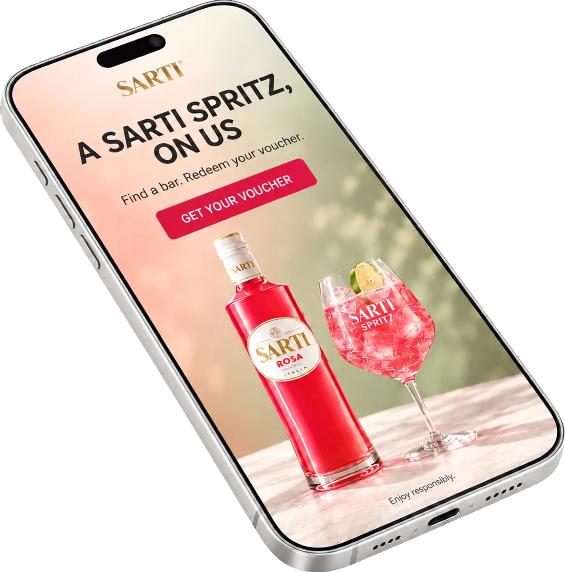 Sarti Spritz voucher campaign on a smartphone: A Sarti Spritz, on us